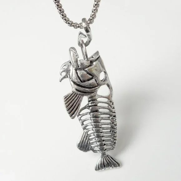 Men's necklace-24" length 3" large 3D silver tone fish skeleton pendant necklace - Picture 4 of 7